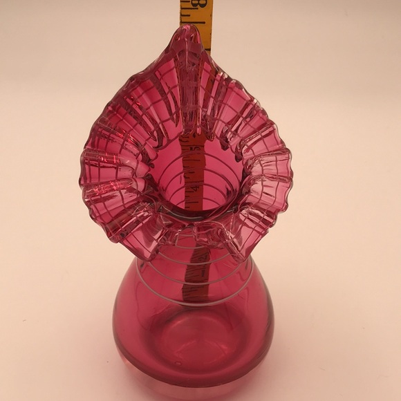 VTG Blown Cranberry Glass Jack in the Pulpit Vase w/ Applied White Striping - Picture 8 of 9